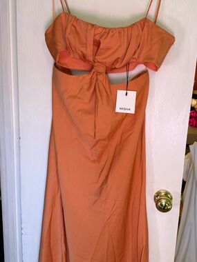 Mishka Rust-Orange Cutout Midi Dress with Front Knot